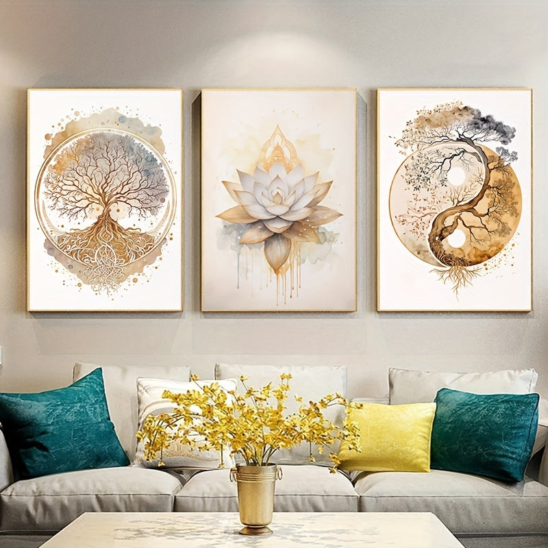 Wall Art Accent Living Room - 3-Piece Art Deco Canvas Posters - Modern Tree of Life & Lotus Flower Prints - Home Design Enthusiasts, Art Admirers, Interior Designers - Oil, Indoor, Frameless, Poster, Other Topics, Canvas, Art Deco,