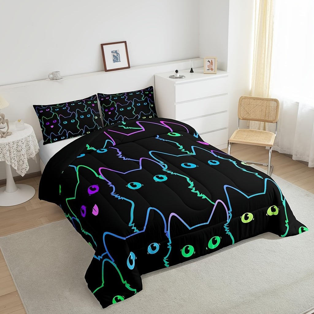 2/3pcs Cartoon Cat Animals Comforter Set, Ombre Line Cute Cat Bedding Set For Men Women, Cute Animals Comforter With 1/2 Pillowcases, Halloween Holiday Black Room Decor Quilt Set, All Season Lightweight Soft Warm, Christmas Gifts Decoration Ornaments