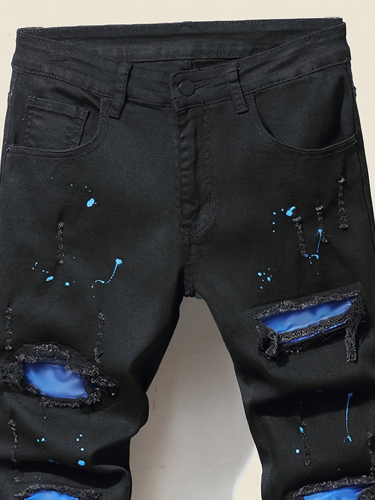 Boy Casual Mid Rise Jeans, Ripped Holes Patchwork And Random Splatter Paint Design