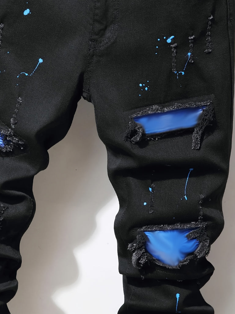 Boy Casual Mid Rise Jeans, Ripped Holes Patchwork And Random Splatter Paint Design