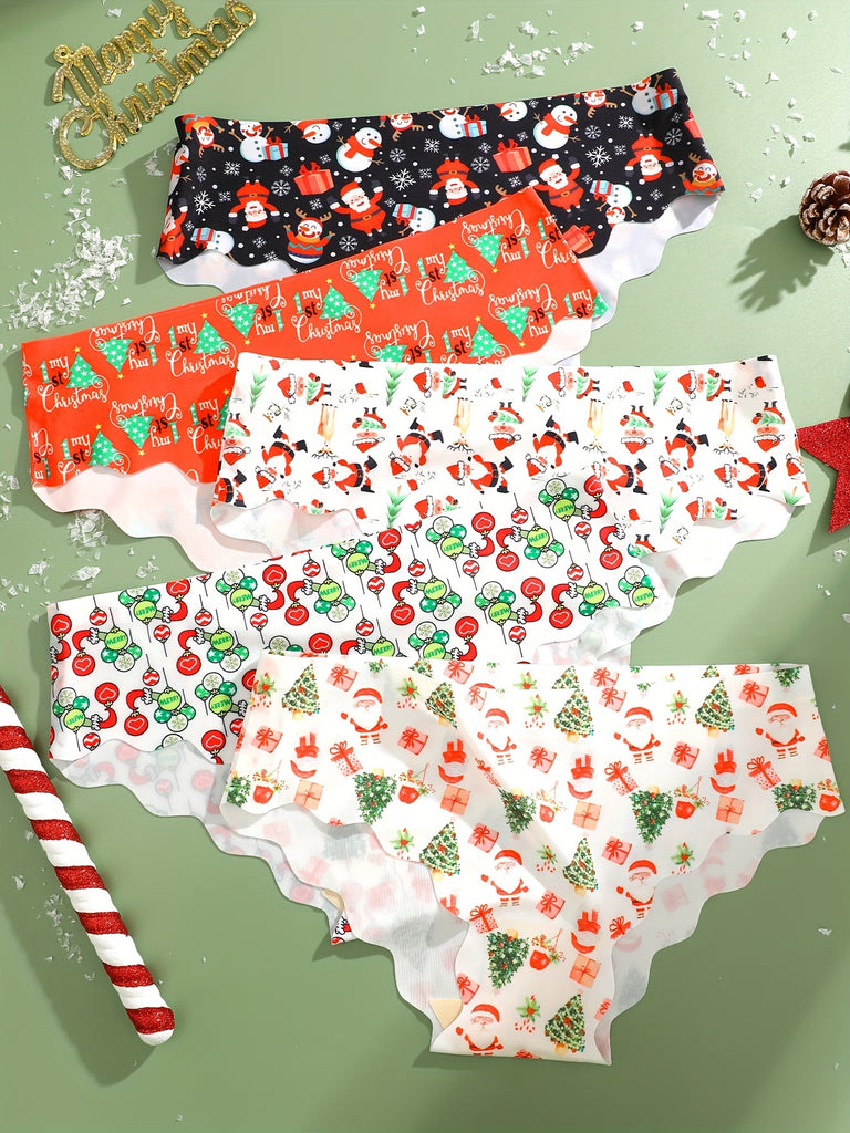 5pcs Christmas Holiday Print Women'S Briefs Set - Festive Patterns, Soft & Comfortable, Low Waist, Stretchy, Cozy for Winter And Everyday Wear