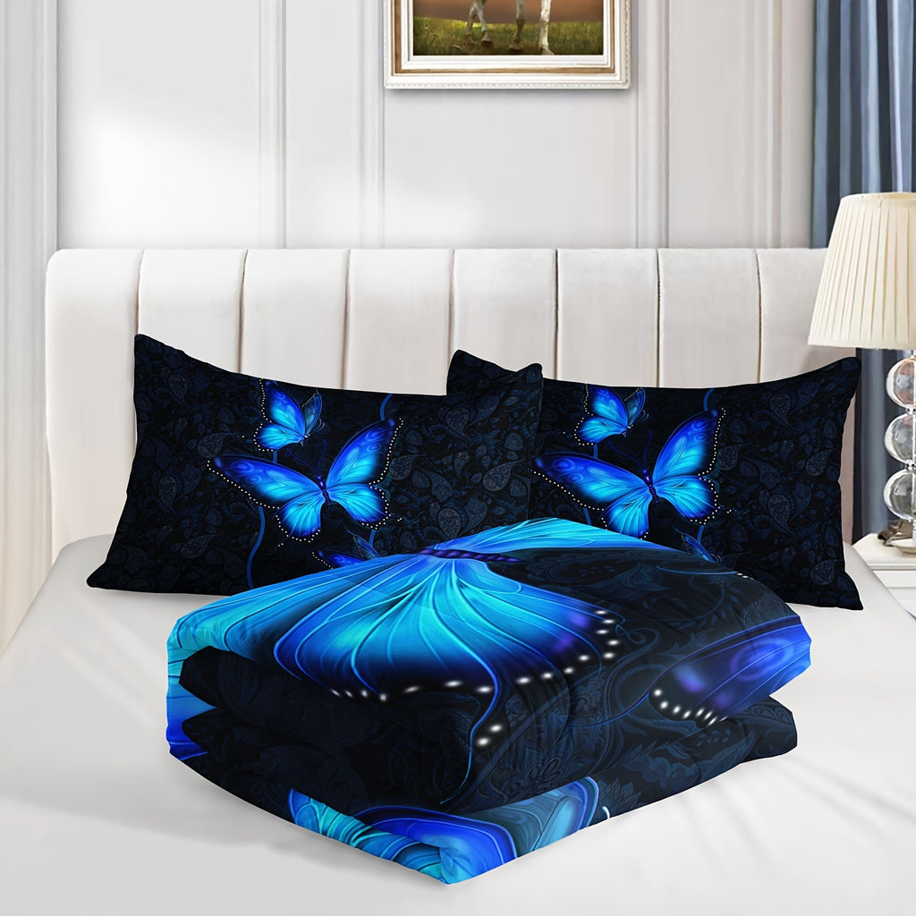 3pcs Modern Fashion Polyester Comforter Set (1*Comforter + 2*Pillowcase, Without Core), Bohemian Style Blue Butterfly Print Bedding Set, Soft Comfortable And Skin-friendly Comforter For Bedroom, Guest Room