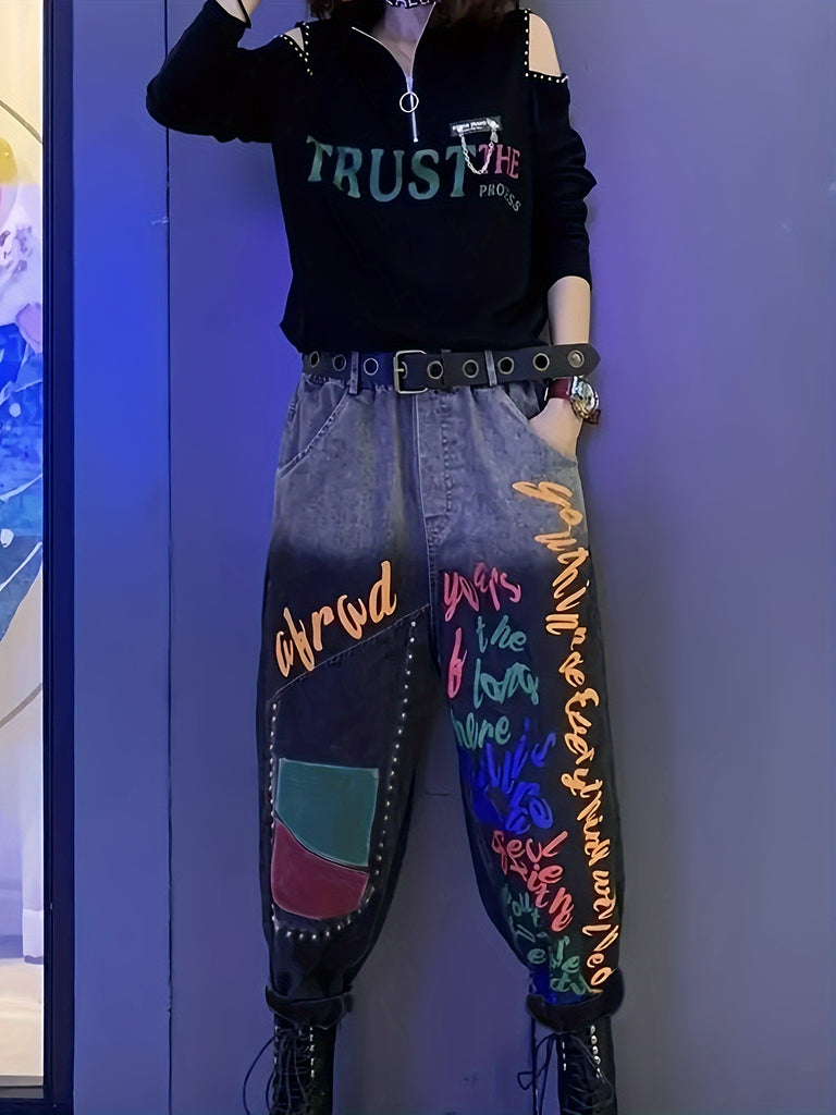 Women'S Vintage High Waist Graffiti Print Straight Leg Jeans - Denim Straight Pants with Washed Details, Polyester 15%, Cotton 85%, Non-Stretch Fabric, All-Season Wear