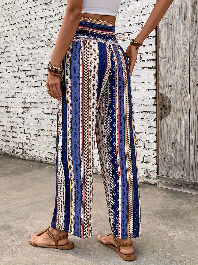 Bohemian Ethnic Graphic Print Pants - Flowy Wide Leg, Elastic Shirred Waist, Womens Fashionable Casual Wear