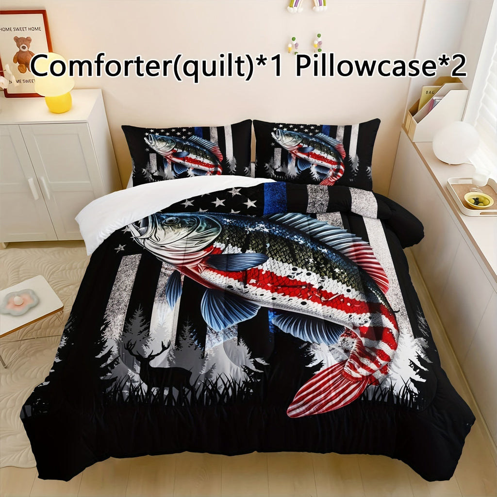 3Pcs Modern Fashion Polyester Comforter Set (1 * Comforter + 2 * Pillowcases, Not Including Pillow Core), American Flag Striped Bass Print Bedding Set, Soft And Comfortable Skin-friendly Comforter For Bedroom, Guest Room.