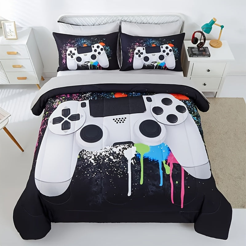 4/5Pcs Gamer Comforter Set - Stain Resistant, Ultra Soft Microfiber, Lightweight, 3D Colorful Game Controller Bedding With 100% Polyester Fiber Fill - Twin/Full/Queen Size Bed In A Bag For All Seasons