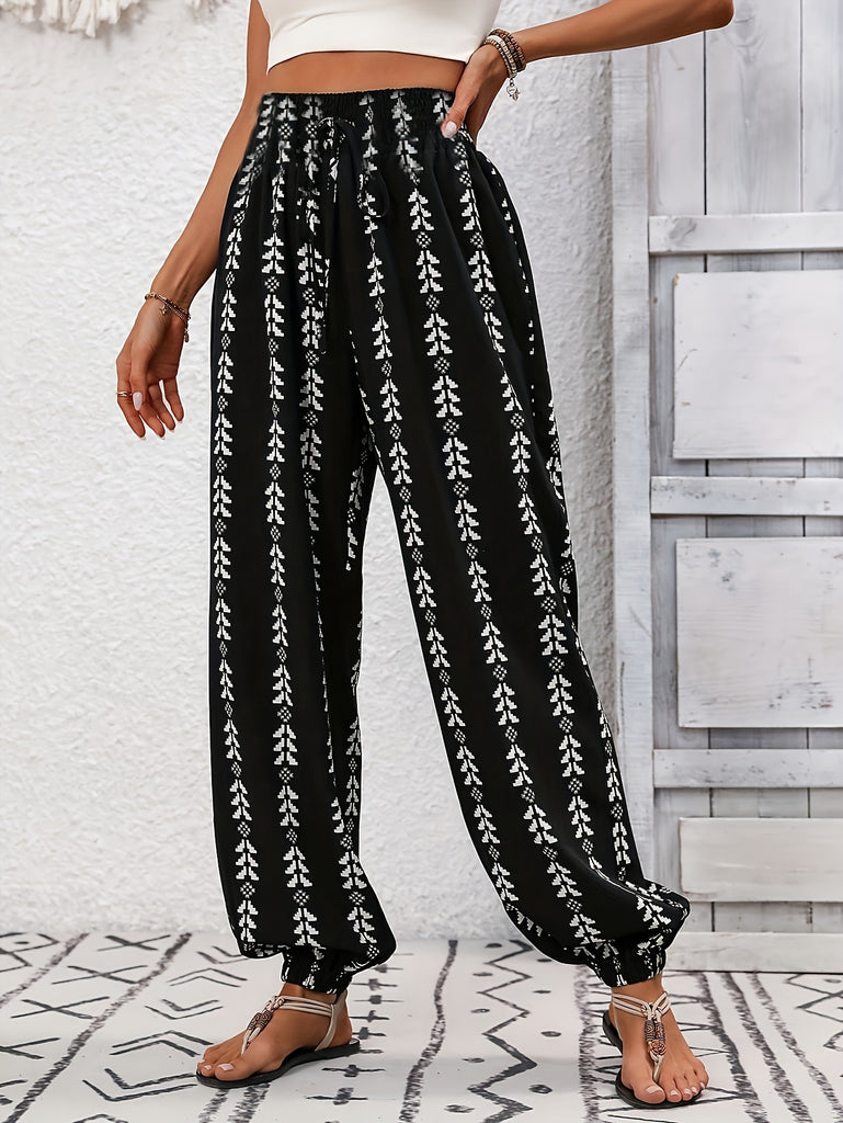 Vibrant Ethnic Print High Waist Elastic Pants - Women's Comfortable Casual Pants for Spring & Summer - Versatile, Breathable, and Stylish Clothing for Ladies