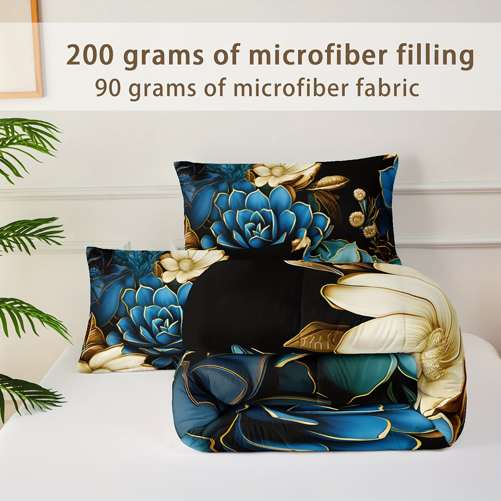 3pcs Fashion Luxury Blue Flowers Print Comforter Set (1 Comforter + 2 Pillowcase Without Pillow Insert) For All Seasons, Microfiber Black And Golden Floral Bedding Set For Bedrooms Decoration