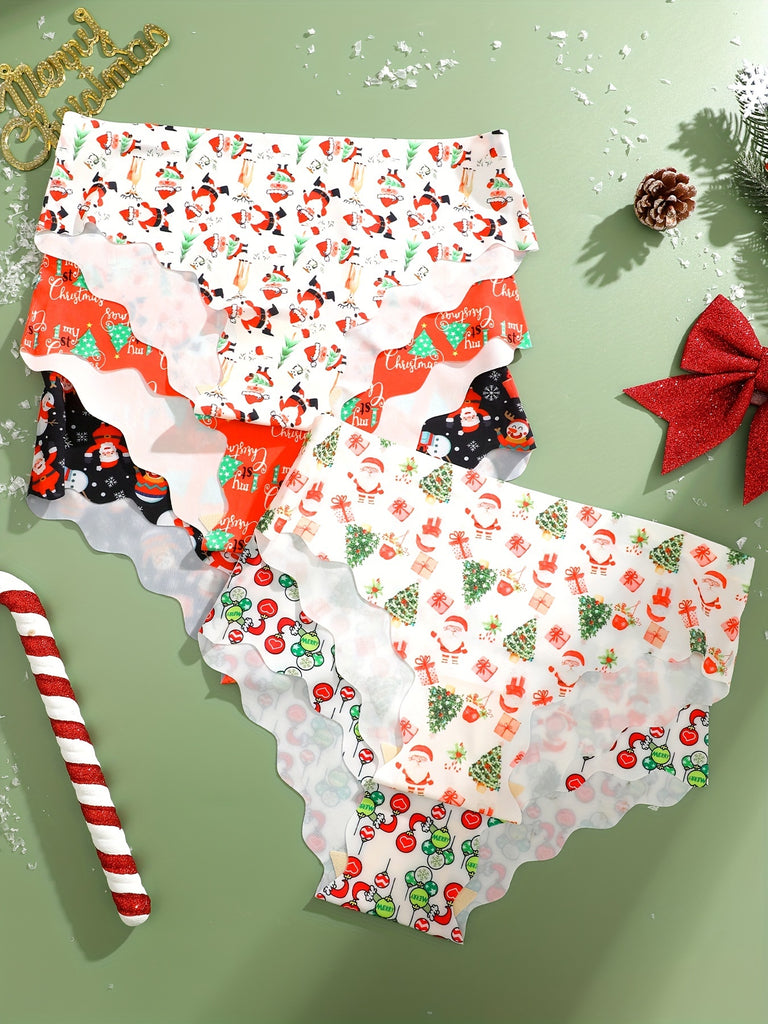 5pcs Christmas Holiday Print Women'S Briefs Set - Festive Patterns, Soft & Comfortable, Low Waist, Stretchy, Cozy for Winter And Everyday Wear