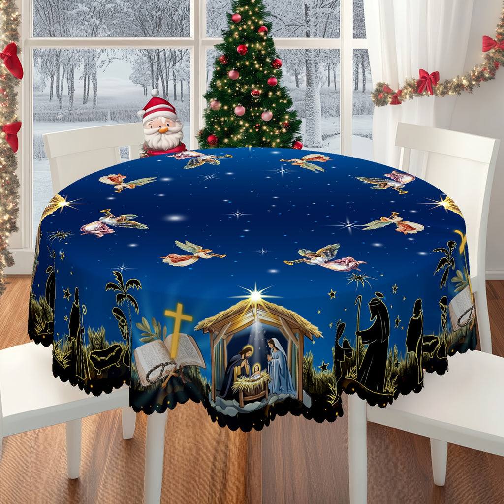 1pc, Christmas-themed tablecloth, Jesus' birth scene tablecloth, Christmas party tablecloth, polyester tablecloth, 4 sizes to choose from, edge embossed, round and rectangular tablecloth, Christmas gift, kitchen accessories, create a festive atmosphere