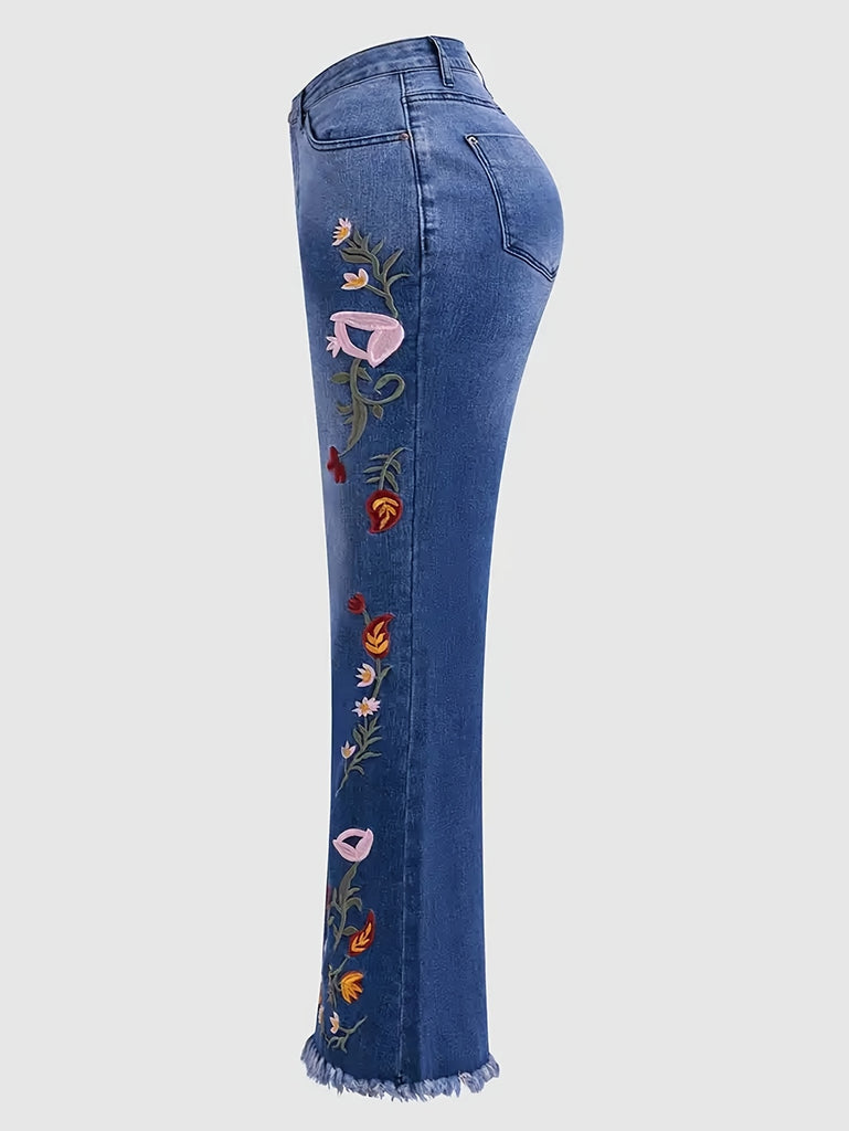 Women's Elegant Floral Embroidered Flared Jeans, High-Waisted Skinny Denim Pants with Raw Hem Detail