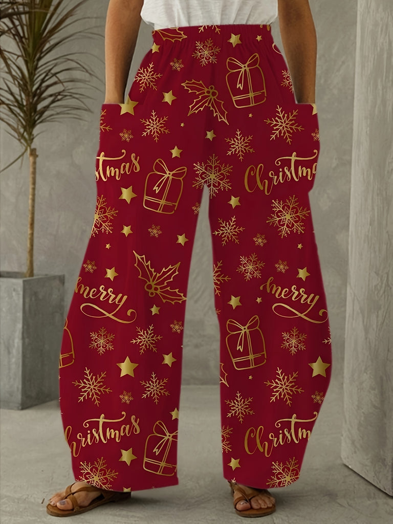 Elegant High-Waisted Wide Leg Christmas Pants - 95% Polyester 5% Spandex with Festive Print, Asymmetrical Fall/Winter Trousers for Adults