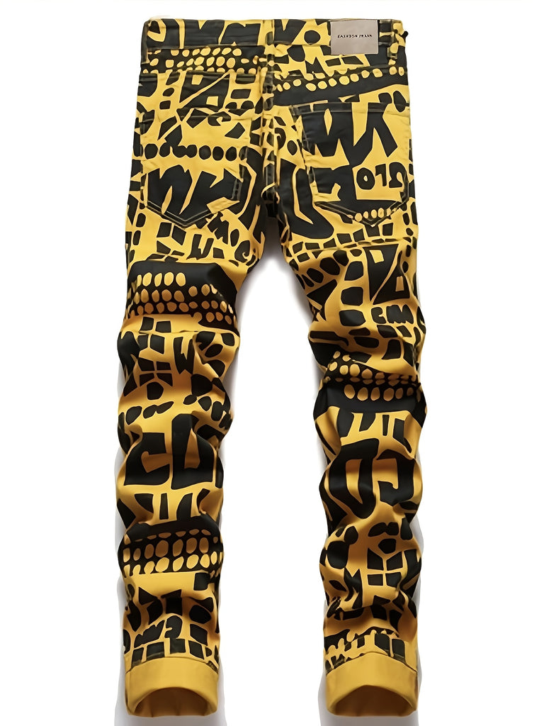 Plus Size Men's Graffiti Printed Slim Jeans, Streetwear Hip Hop Denim Pant, Casual Straight Jeans Trousers