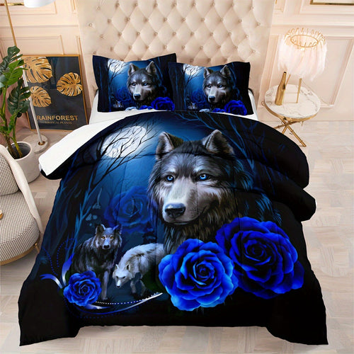 Wolf King Size Comforter Set Blue Flower Bedding Wolves Animal Print Floral Duvet Insert Blossom Branch Howling Wolf Comforter 3D Safari Animal Theme Duvet Room Decor For Boys Girls