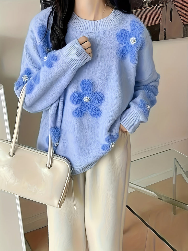 Floral Pattern Crew Neck Long Sleeve Sweater - Elegant Beaded Decor Pullover For Fall & Winter - Soft Acrylic Knit Fabric, Pearl Embellished, Mid Elasticity, Womens Casual Wear