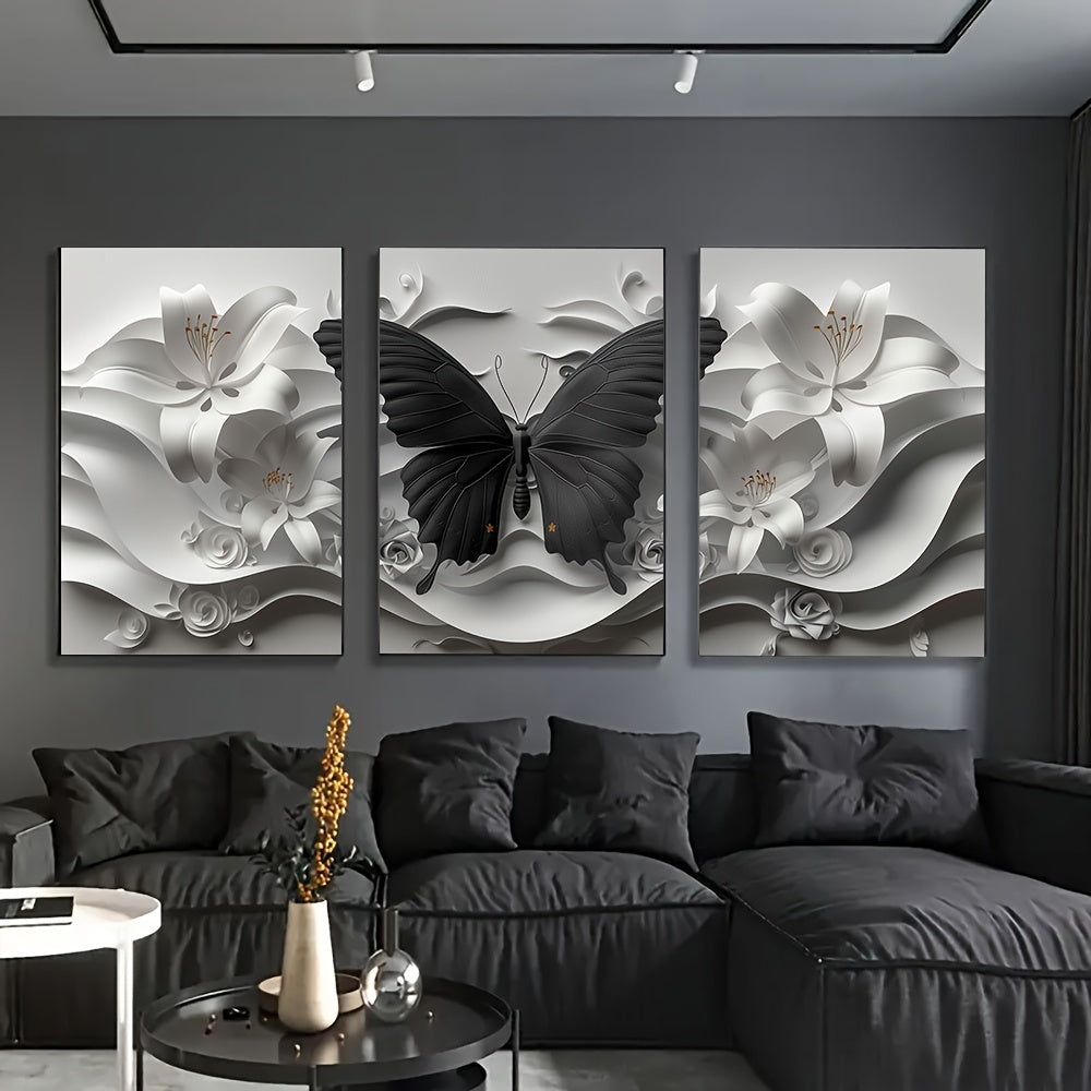 3-Piece Modern Canvas Wall Art Set – Black Butterfly & White Floral Sculptures – Frameless Posters & Prints for Living Room, Home Office, Classroom – Indoor Decor, Transverse Orientation, Art Print Poster