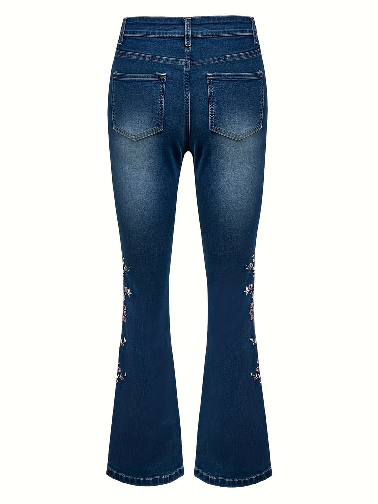 Women's Floral Embroidered Flare Jeans, Retro Style, Vintage Blue Denim, Casual Chic Pants With Elegant Embellishments