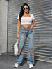 Women's Floral Print Straight-Leg Jeans - Casual High-Rise Denim with Slash Pockets, Machine Washable