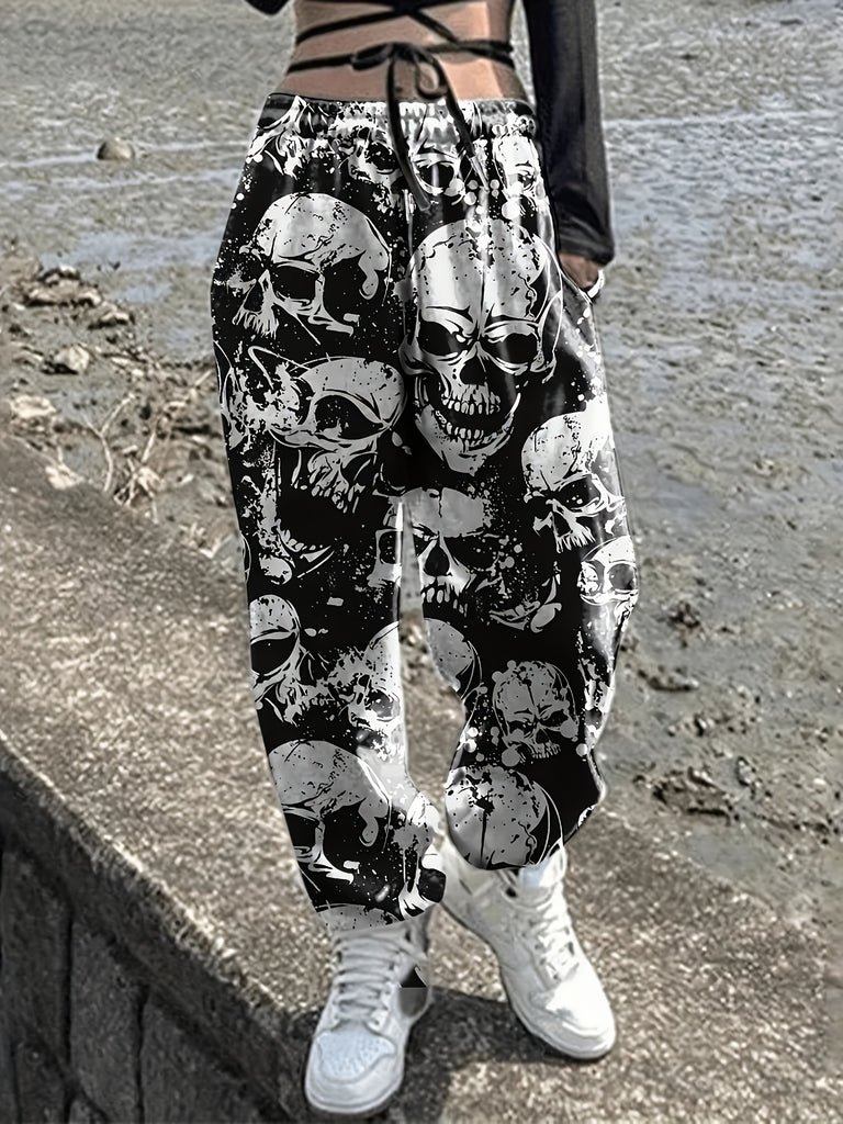 Spooky Halloween Skull Print Long Joggers - Casual, Drawstring, Micro Elastic Waist, Polyester Fabric, Machine Washable, Random Print Design - Womens All-Season Loose Fit Pants For Adults