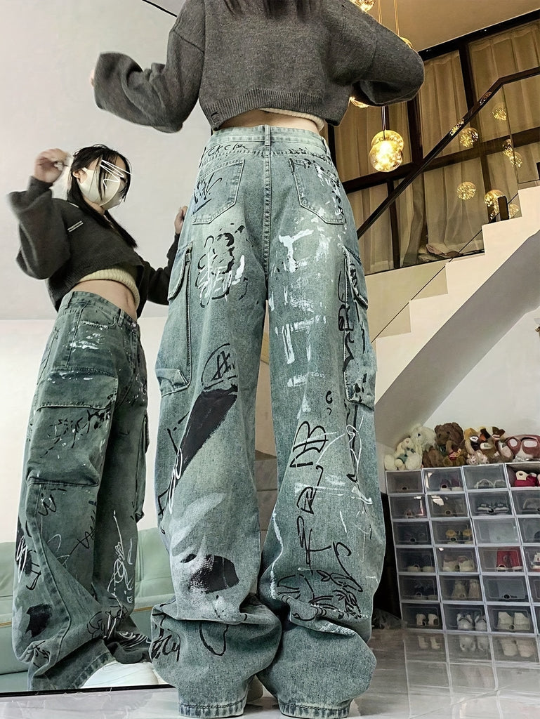 Women'S High Waist Graffiti Print Jeans - Street Style Denim with Pockets, Non-Stretch Long Loose Fit Straight Leg Pants for Casual Weekend - High Waisted Graffiti Wide Leg Workwear Jeans