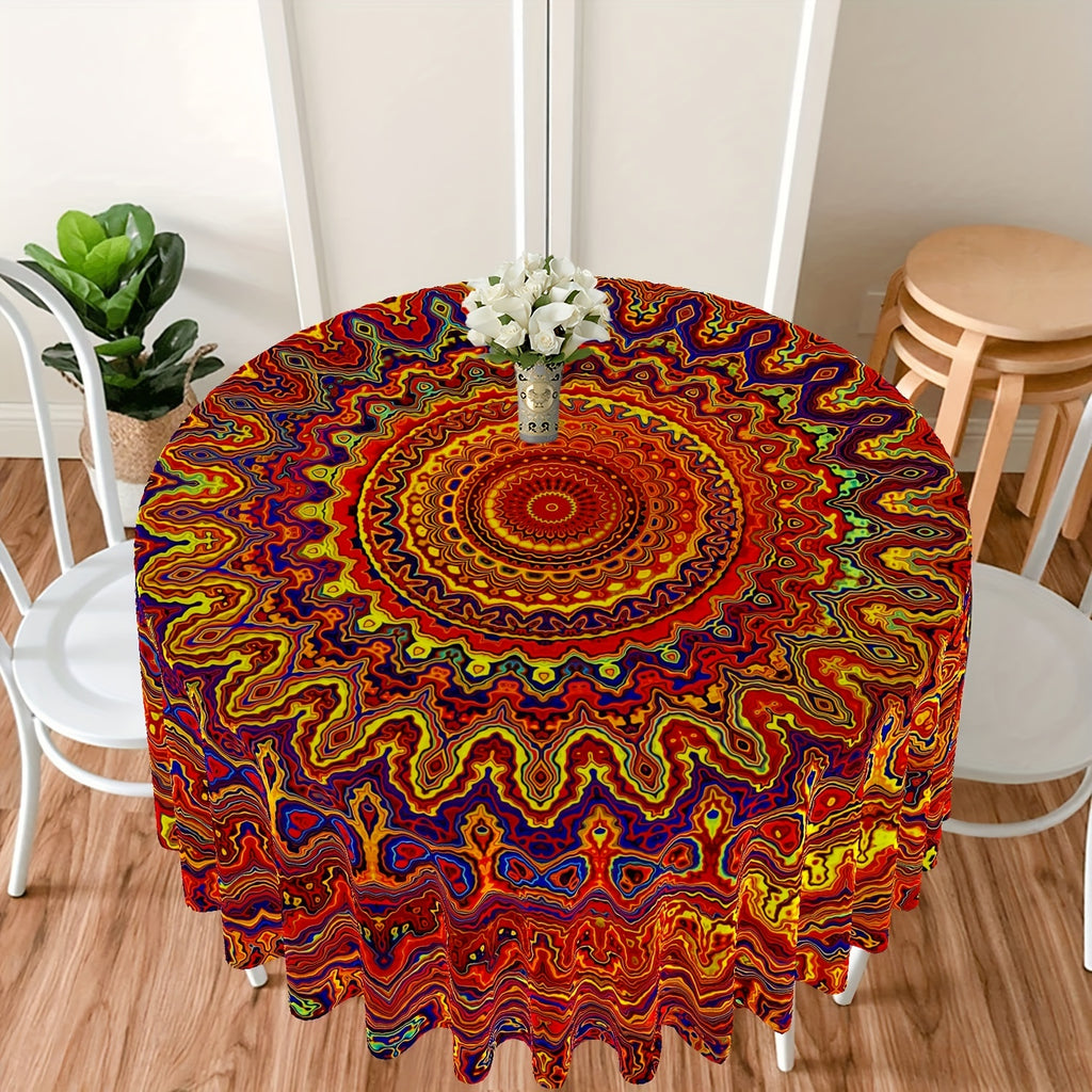 1pc Bohemian Chic Round Polyester Tablecloth - Waterproof, Stain-Resistant, and Easy-to-Clean - Multi-Purpose Decor for Indoor and Outdoor Spaces, Picnics, Barbecues, and Room Decor