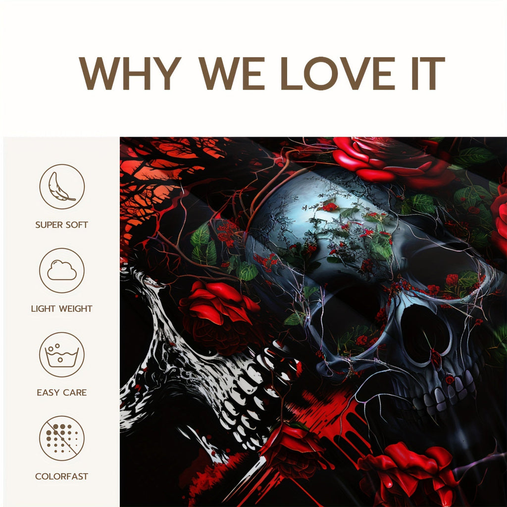 3pcs Goth Skull Print Comforter Set (1 Comforter + 2 Pillowcase Without Pillow Insert) For All Seasons, Microfiber Gothic Red Rose Bedding Set For Halloween Style Bedrooms Decoration