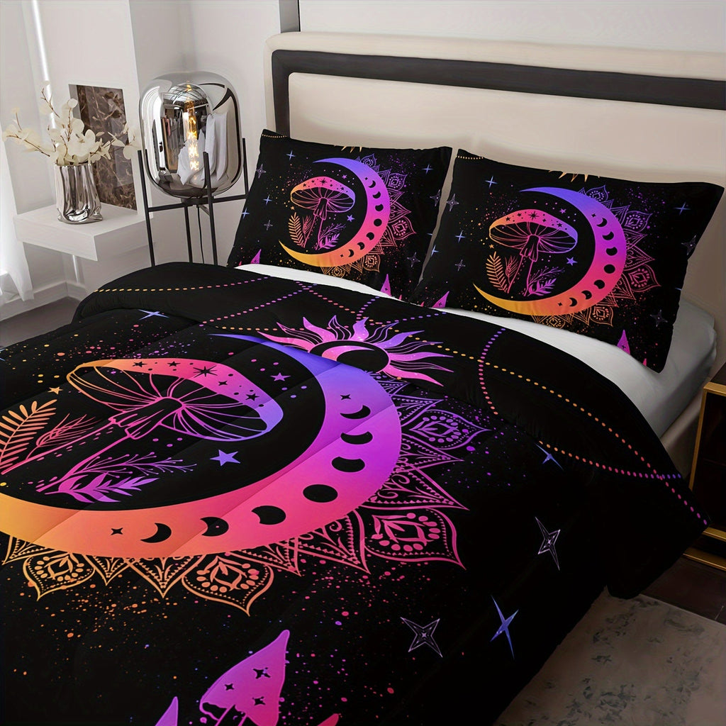 3Pcs Sun And Moon Bedding Set, Mushroom Comforter Set Boho Exotic Style Bedding Set Cosmic Planets, Bohemian Bedding Astrology Comforter For Adults Women, 1 Quilt 2 Pillowcases, Black (Without Core)