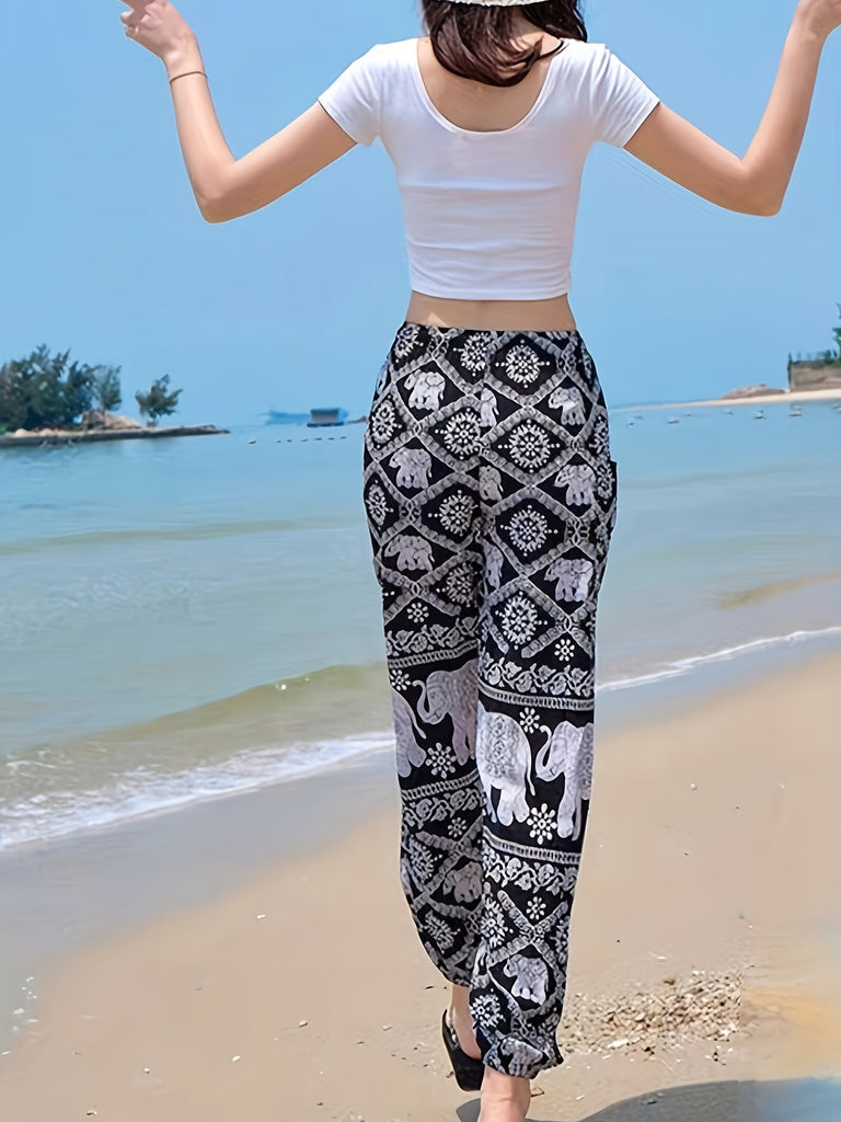 Vibrant Elephant Print Fitted High Waist Joggers - Comfortable Drawstring Pants with Elastic Waistband, Soft Fabric, and Relaxed Fit for Spring and Summer - Women's Casual Clothing for Everyday Wear