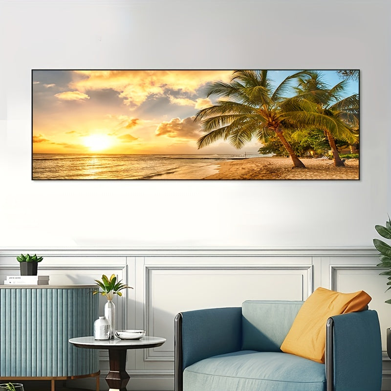 1pc Large Coastal Canvas Ocean View Painting, Modern Palm Tree Wall Art, Frameless Sunset Oil Painting for Living Room Decoration