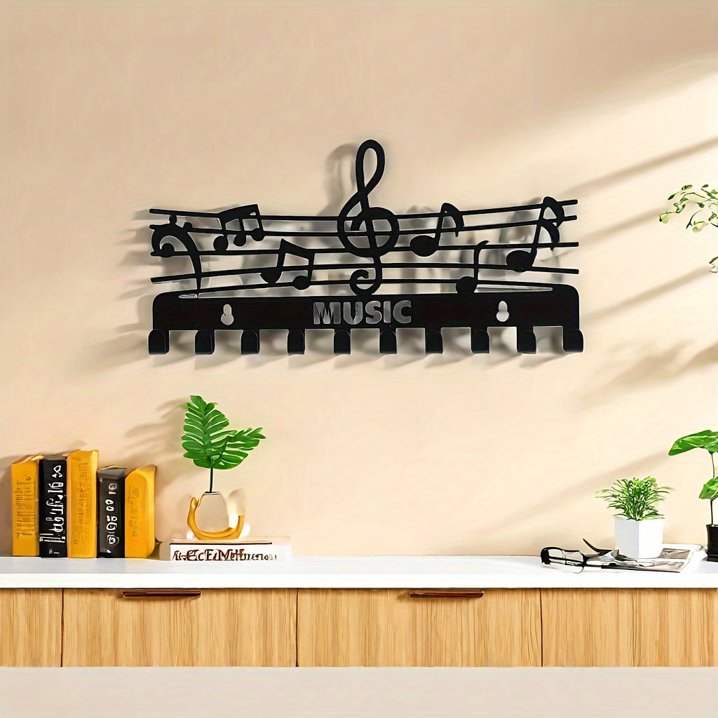 Iron Music Note Wall Storage Rack with Hooks – 1pc Multifunctional Organizer for Keys and Coats, Black, Decorative Home Accessory