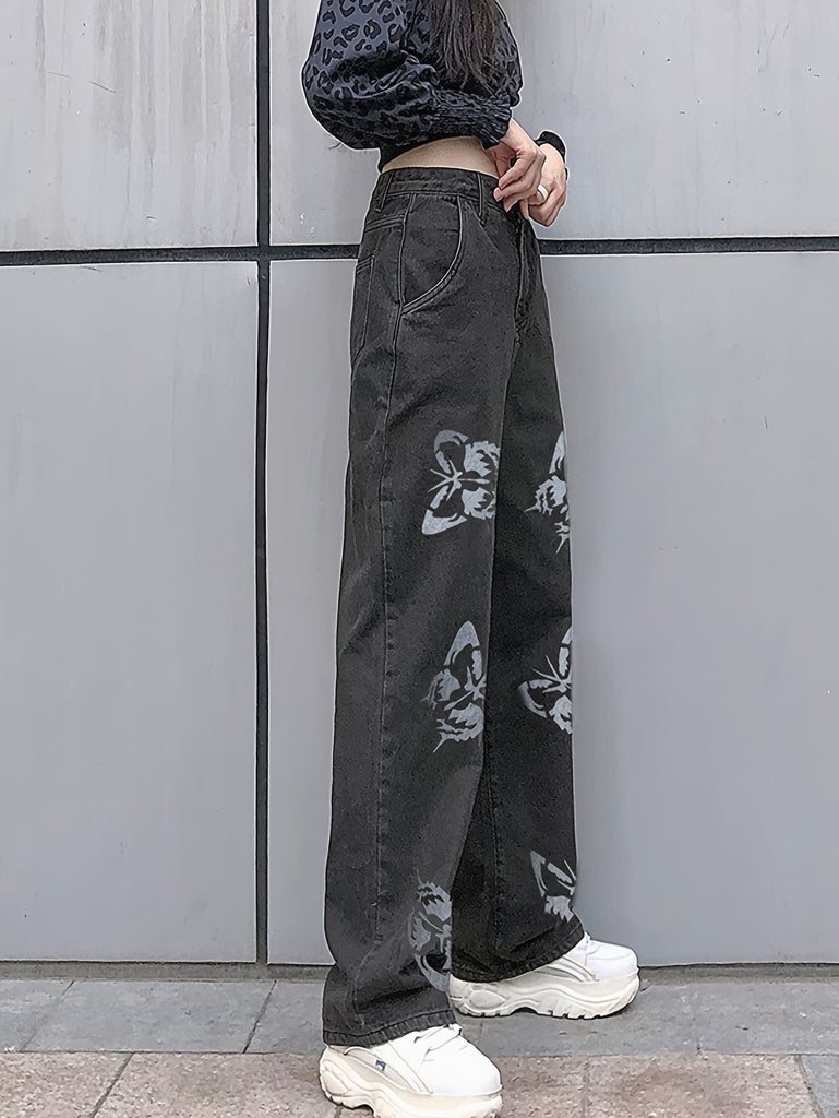 Bopoft Women'S Casual Versatile Jeans Street Fashion Retro Butterfly Print Pants European And American Style High Waist Wide Leg Pants Skinny Straight Leg Pants Draped Floor Mopping Cargo Sweatpants