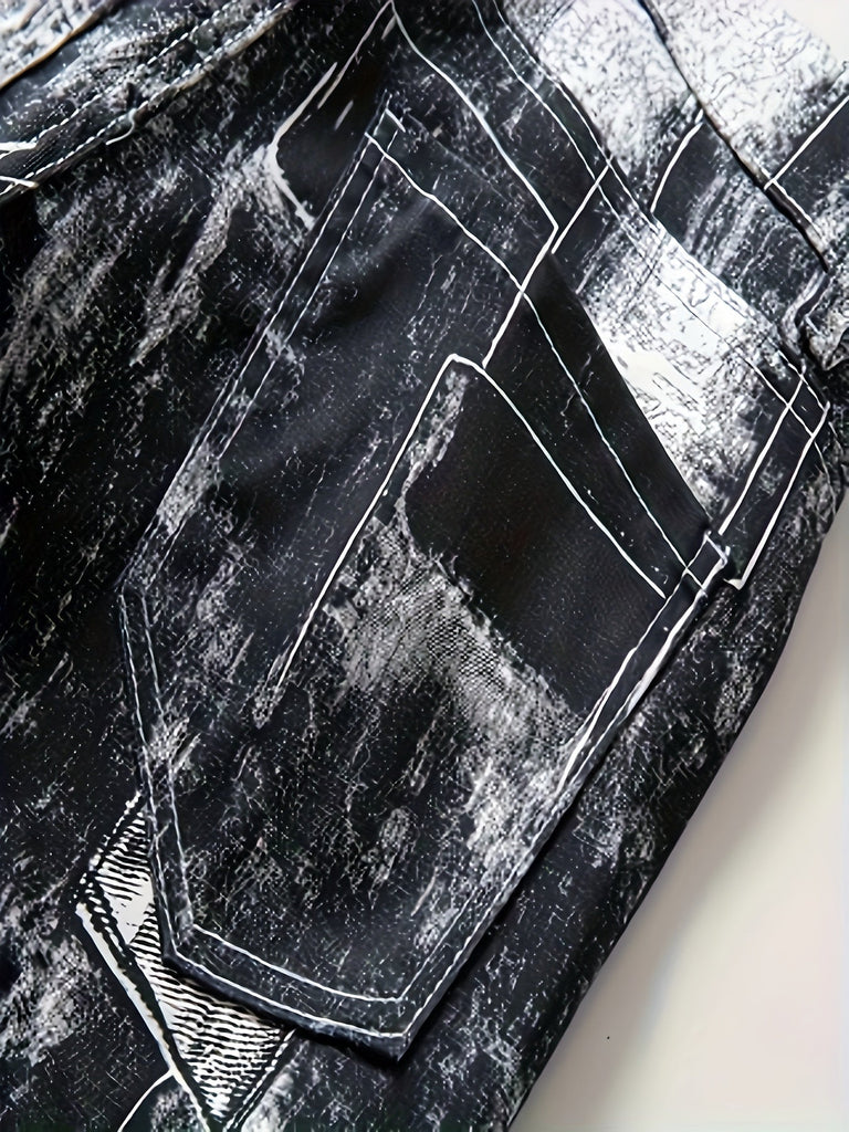 Men's Creative Pattern Print Denim Pants For Males, Trend Leisure Jeans
