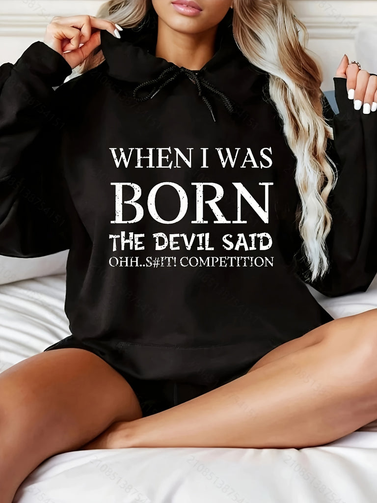 Trendy Devilish Competition Women's Hoodie- Soft Fleece Lining, Relaxed Fit, Long Sleeve, Casual Wear, Fashionable Graphic Print, Perfect for Outdoor Activities and Everyday Use