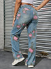 Women's Floral Print Straight-Leg Jeans - Casual High-Rise Denim with Slash Pockets, Machine Washable