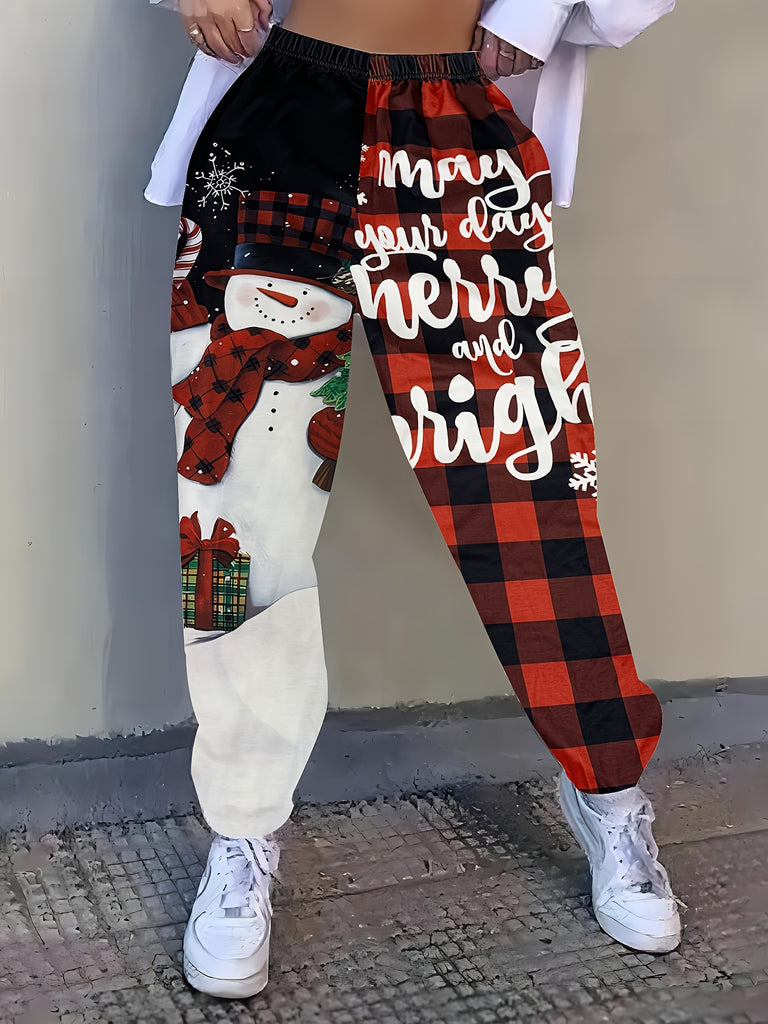 Women's Festive Christmas Snowman Print Joggers - Casual Elastic Waist, Cozy Fleece-Lined Sweatpants with Pockets for Fall/Winter