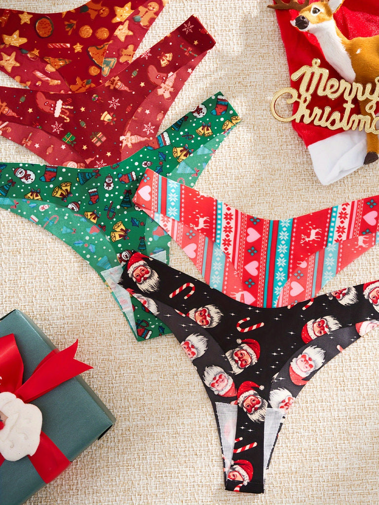 5-Pack Festive Christmas Print Seamless Thongs for Women, Polyamide Knit Fabric, Festive Holiday Underwear