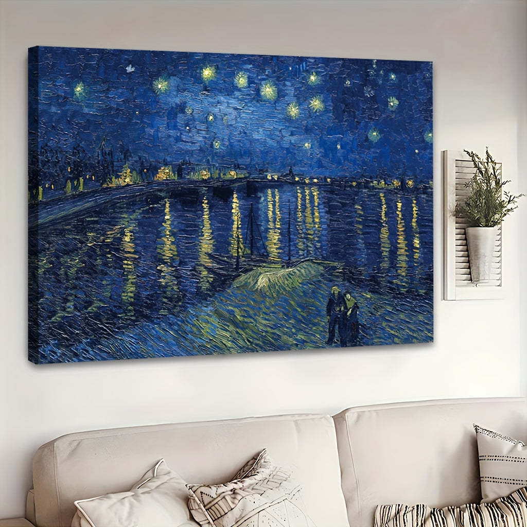 1pc Wooden Framed Extra Large Canvas Wall Art, Starry Night Over The Rhone By Vincent Van Gogh Painting On Canvas, Classic Canvas Wall Art For Home Decor, Museum Exhibition Art, Wrapped Canvas, Ready To Hang