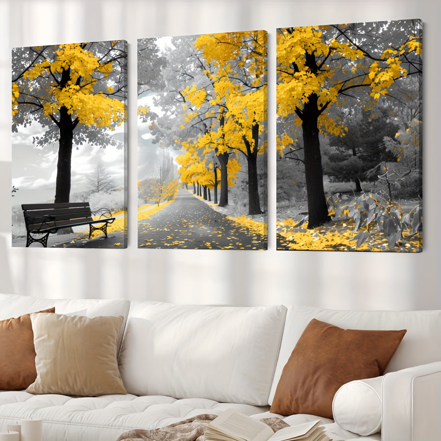 3pcs/set Yellow Tree And Black And White Background Framed Canvas Poster, Modern Wall Art for Bedroom, Living Room, and Corridor, Ideal Decor and Room Decoration Gift