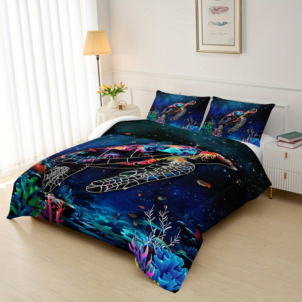 Sea Turtle Comforter, Ocean Theme Bedding Set, 3Pcs Modern Fashion Polyester Quilt