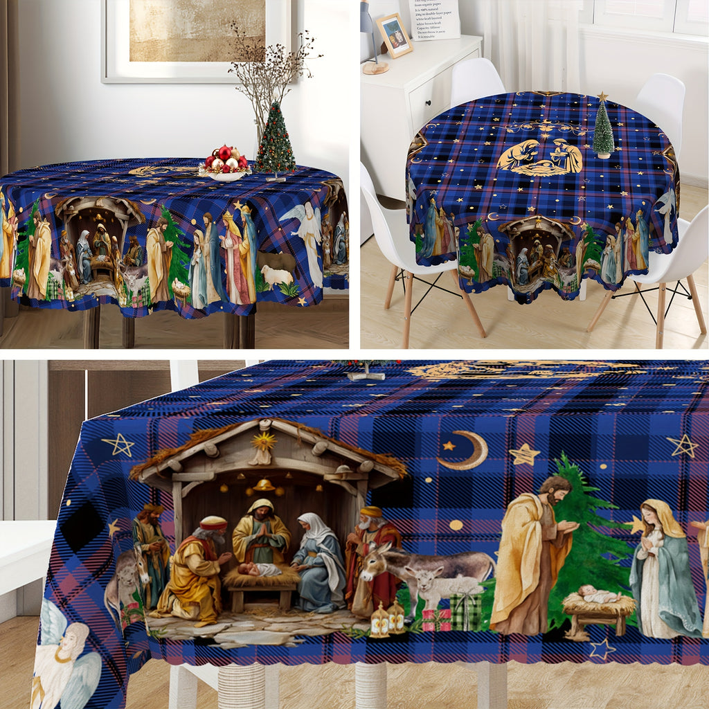 Biblical Nativity Scene Embossed Edge Polyester Tablecloth - Plaid Pattern, Machine Made, Stain & Water Resistant, Ideal for Home Kitchen, Coffee Table, Holiday Party, Outdoor Picnic Decor - Universal Fit for Christmas, Graduation, Winter Celebrations