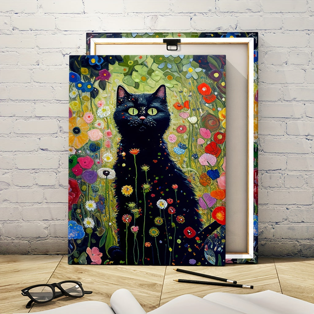 Gustave Klimt-Inspired Garden Cat Canvas Art - Waterproof, Framed Wooden Wall Decor for Living Room, Bedroom, Office & More