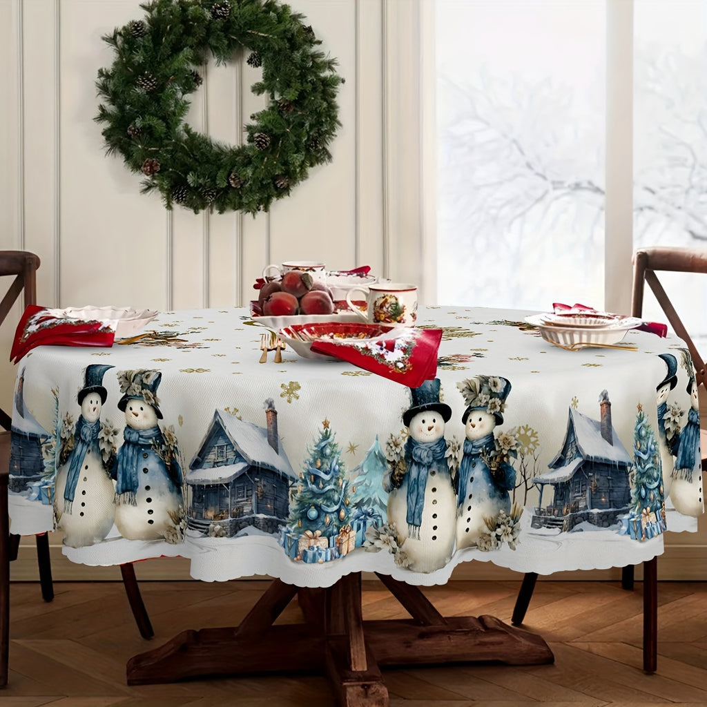 Charming Snowman & Golden Snowflake Christmas Tablecloth - Waterproof, Wrinkle-Resistant Polyester, Perfect for Indoor & Outdoor Holiday Dining Decor, Rectangular, Festive Blue Table Cover for Parties and Dinners