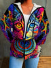 Women's Colorful Cat Print Hooded Sweatshirt, Casual Polyester Long Sleeve Pullover with Zipper, Spring/Summer/Autumn Fashion Jacket, Knit Fabric, Ladies' Leisurewear