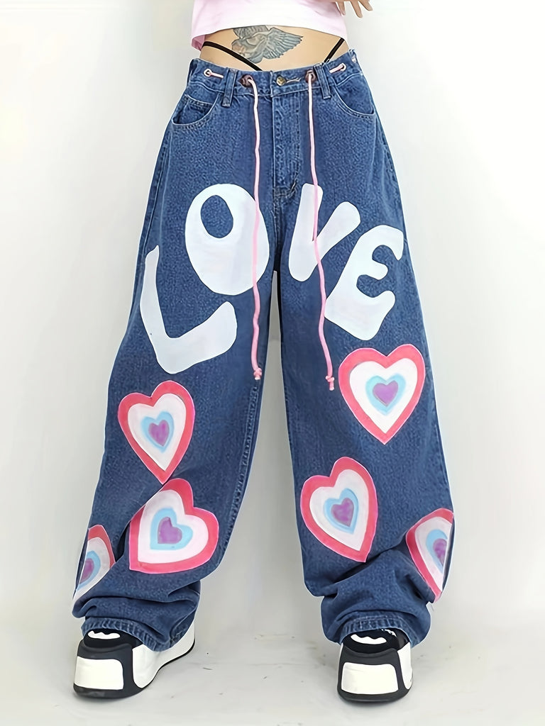 Bopoft American Vintage Jeans Women's Street Style Love Graffiti Print Loose Skinny Jeans High Waist Tie Casual Straight Leg Pants Lazy Aesthetics Hot Girls Trendy Floor Mopping Wide Leg Pants Hip Hop Street Casual Versatile Cargo Pants Sports Pants