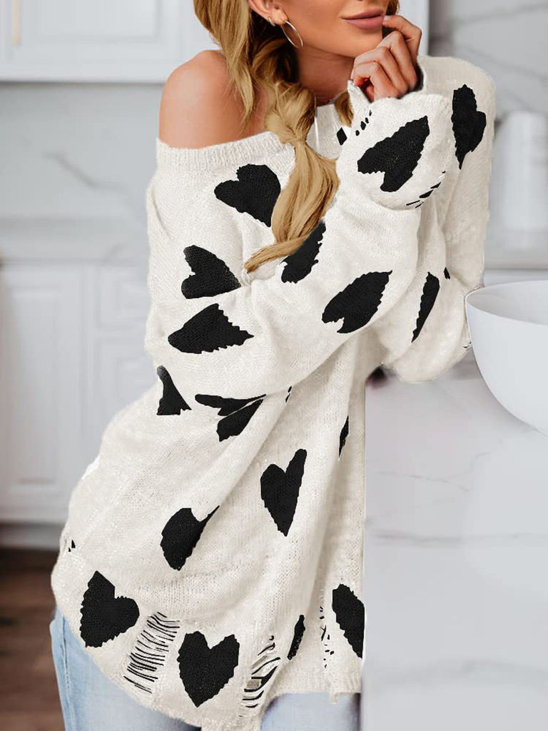 Women Off Shoulder Knitted Pullovers Sweater Loose Long sleeve Hearts Printed Ripped Tops