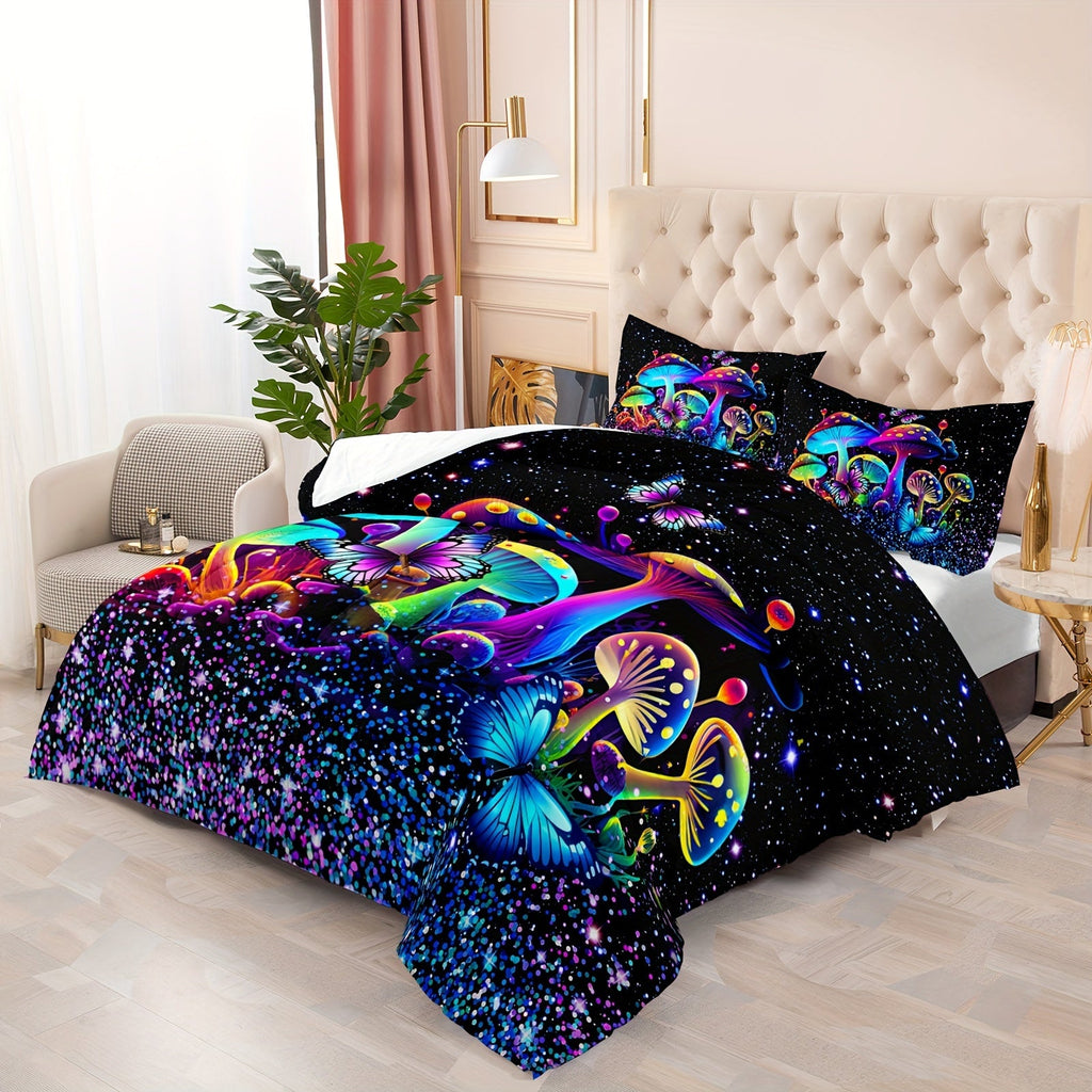 Mushroom Comforter Set, Colorful Sparkle Natural Wild Fungus Bedding Set, Botanical Plants Duvet Set Butterfly Comforter with 2 Pillowcases
