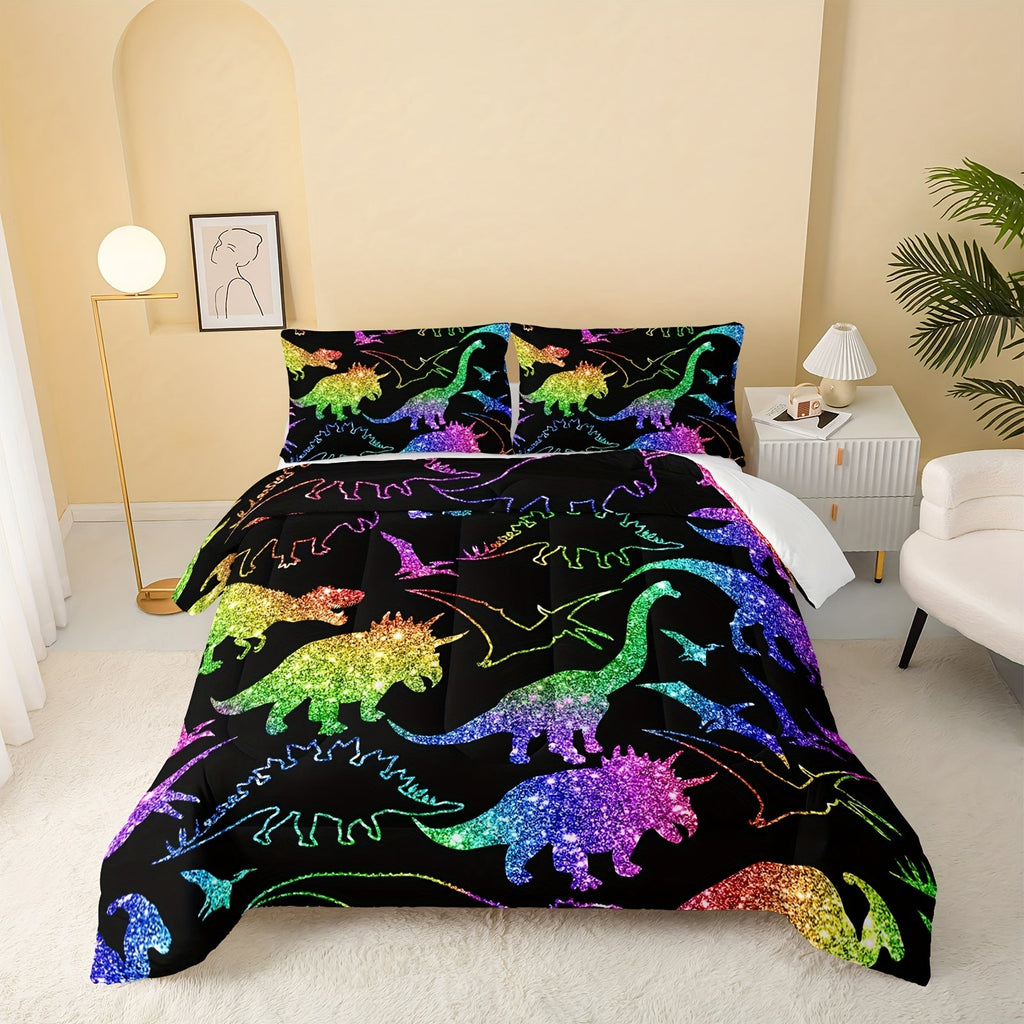 Rainbow Dinosaur Comforter Set For Colorful Dino Bedding Cartoon Dinosaur With Shiny Glitter Bedding Set Bedroom Decor 1 Comforterr + 2 Pillowcases Lightweights