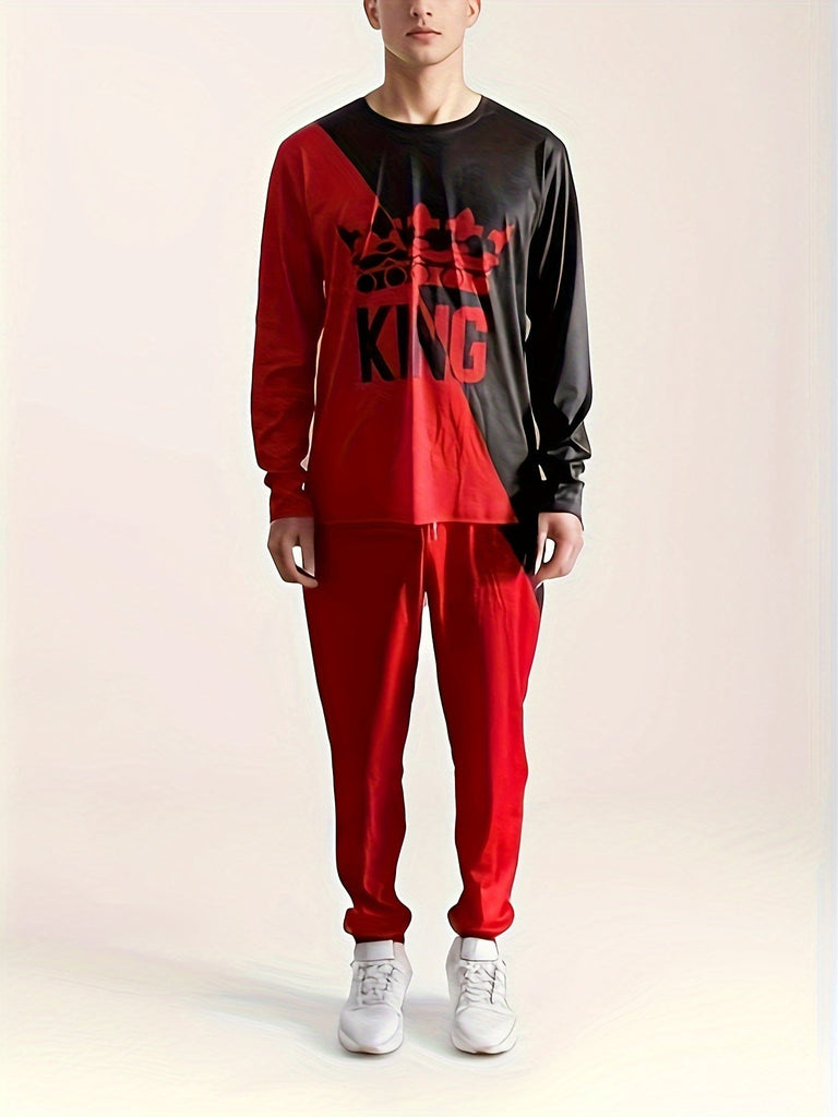 KING Pattern Men's 2Pcs Outfits, Casual Crew Neck Long Sleeve T-shirt And Drawstring Sweatpants Joggers Set For Summer, Men's Clothing