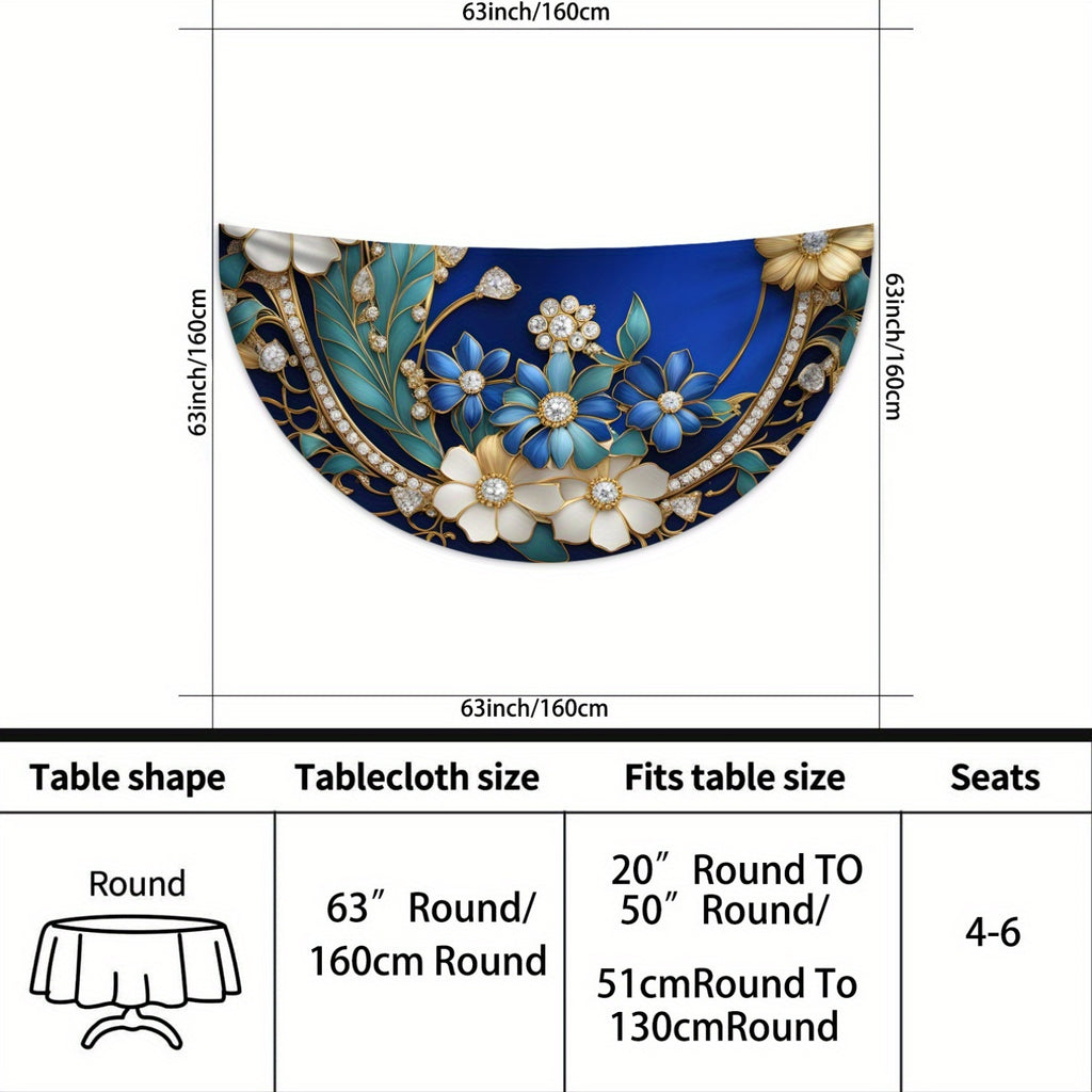 Waterproof Polyester Tablecloth - 63" Round Woven Table Cover with Diamond Daisy Print, Modern Art Style Tapestry for Outdoor Patio Dining, Machine Made Floral Table Linen for Backyard BBQ & Picnics