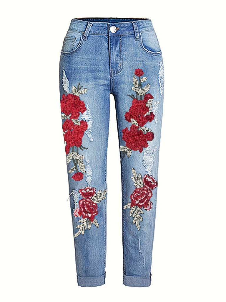 Women's Elegant Jeans - Plus Size Floral Print Ripped Roll Hem High Stretch Distressed Denim Pants - For Women - Suitable for Casual & Party Occasions - Perfect Gift for Fashionable Ladies